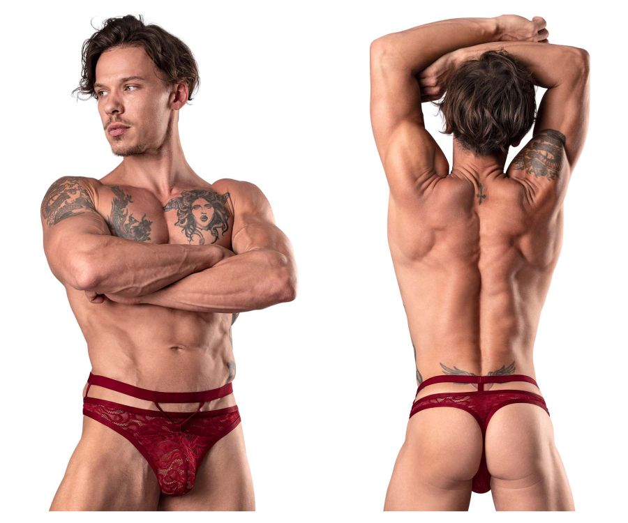 Male Power 446-289 Lucifer Cut Out Strappy Thong Color Burgundy - DealByEthan.gay loves Male Power