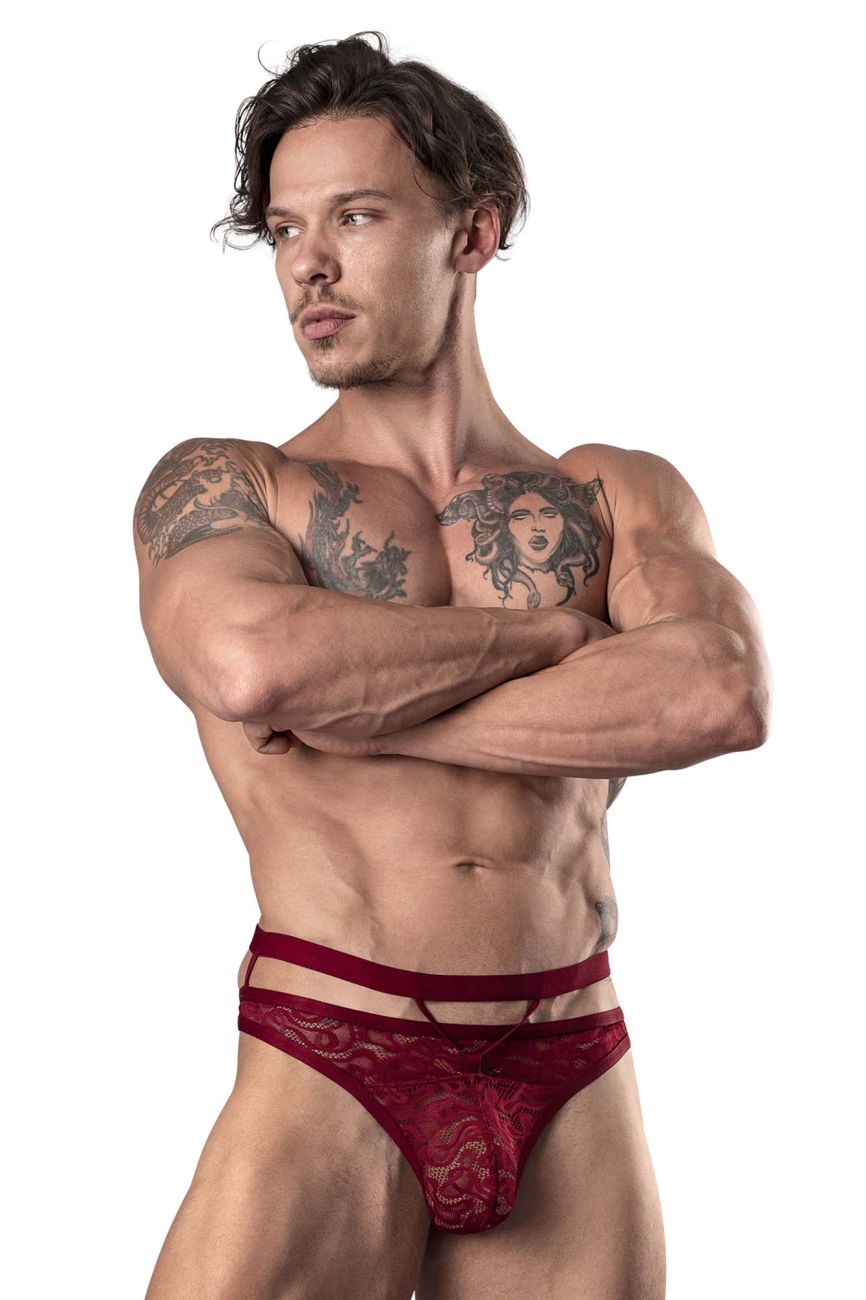 Male Power 446-289 Lucifer Cut Out Strappy Thong Color Burgundy - DealByEthan.gay loves Male Power