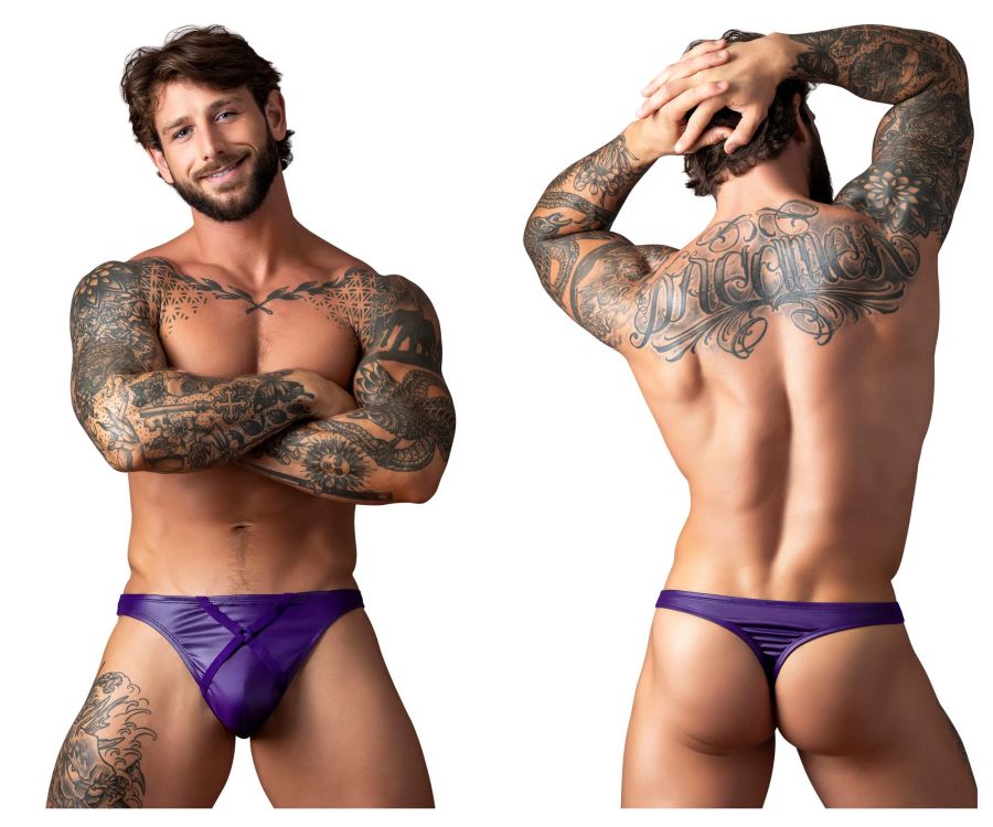 Male power 447-302 eggplant crossover thong in plum satin briefs with sleek shiny finish and subtle diagonal seam design