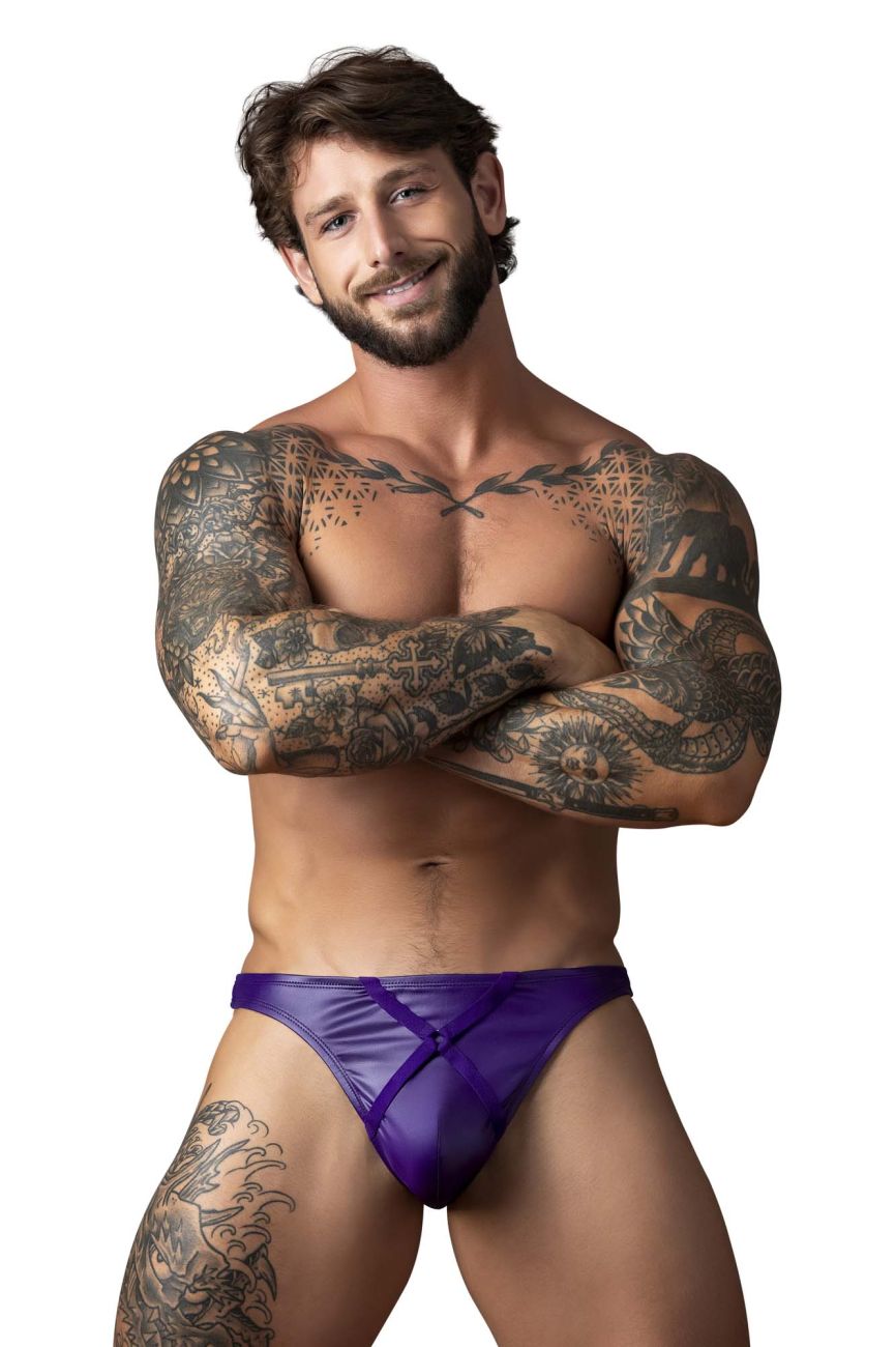 Male Power 447-302 plum satin briefs with sheer mesh panel and crossed front straps for a bold look