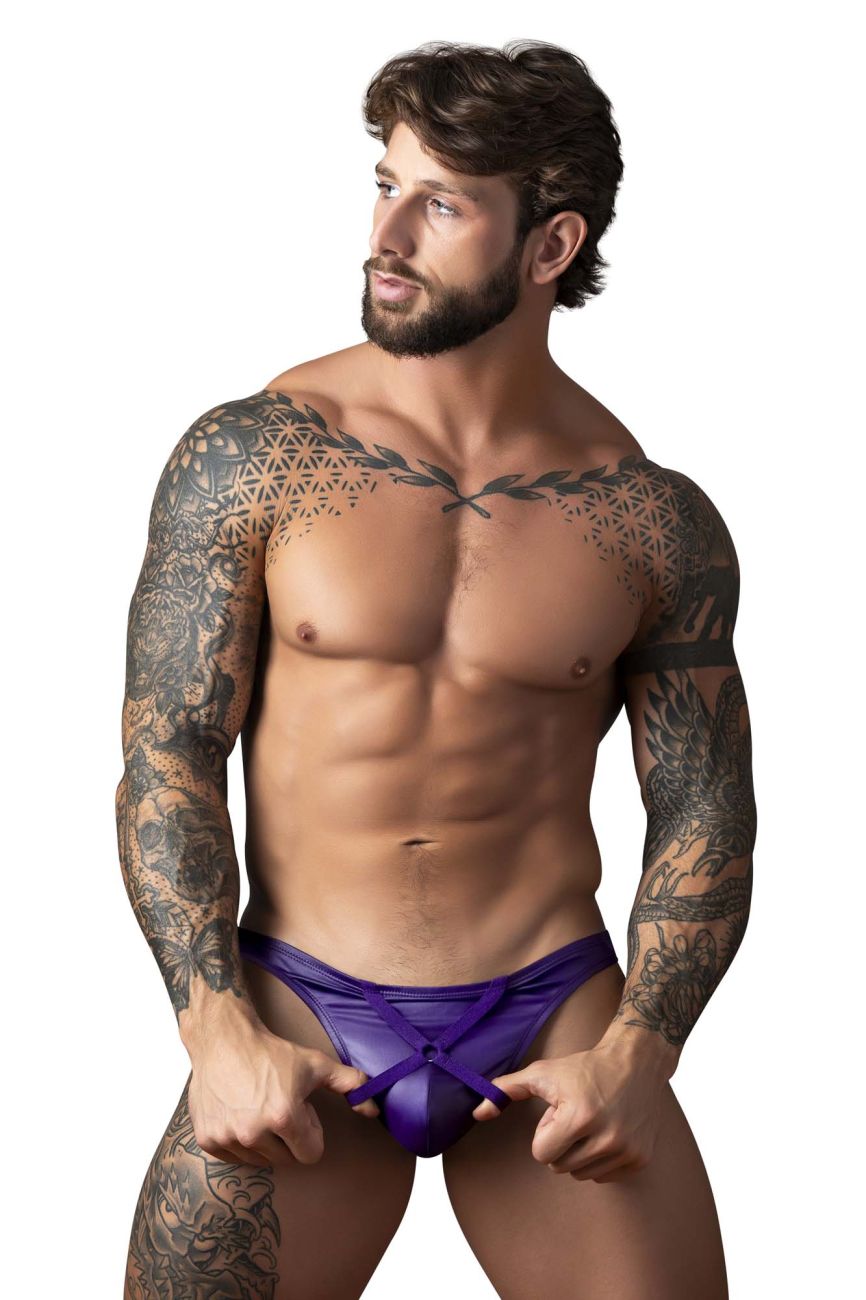 Male power 447-302 eggplant crossover thong in plum satin with front tie closure for men