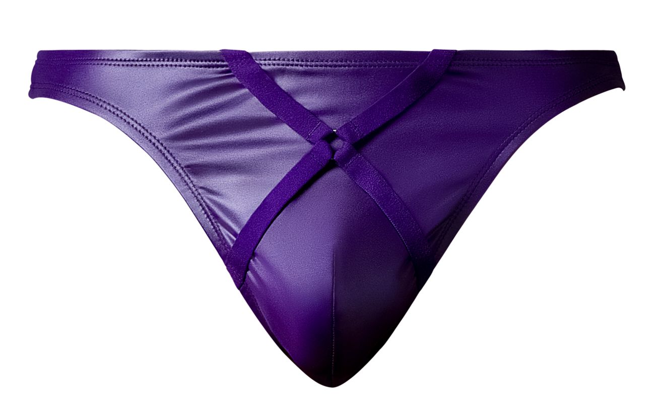 Purple satin-like male power thong with crisscross strap design in eggplant color front view