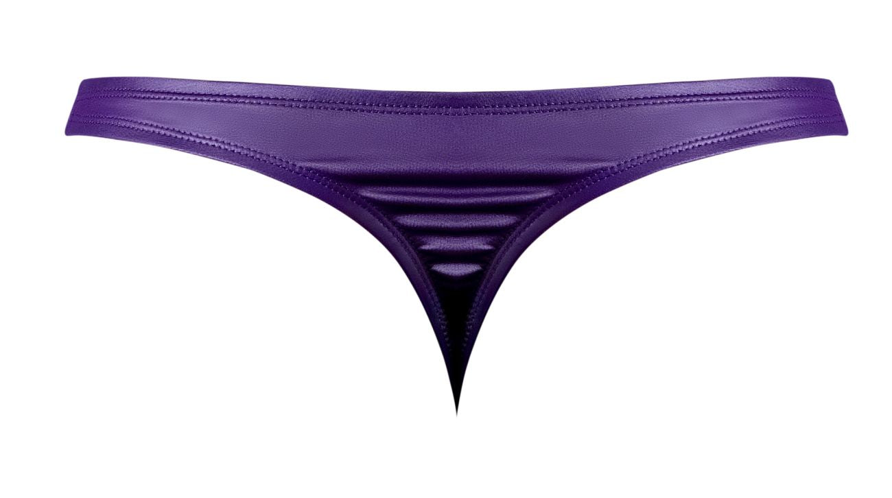 Male power 447-302 eggplant crossover thong in plum metallic fabric with sleek glossy finish and stitched waistband detailing