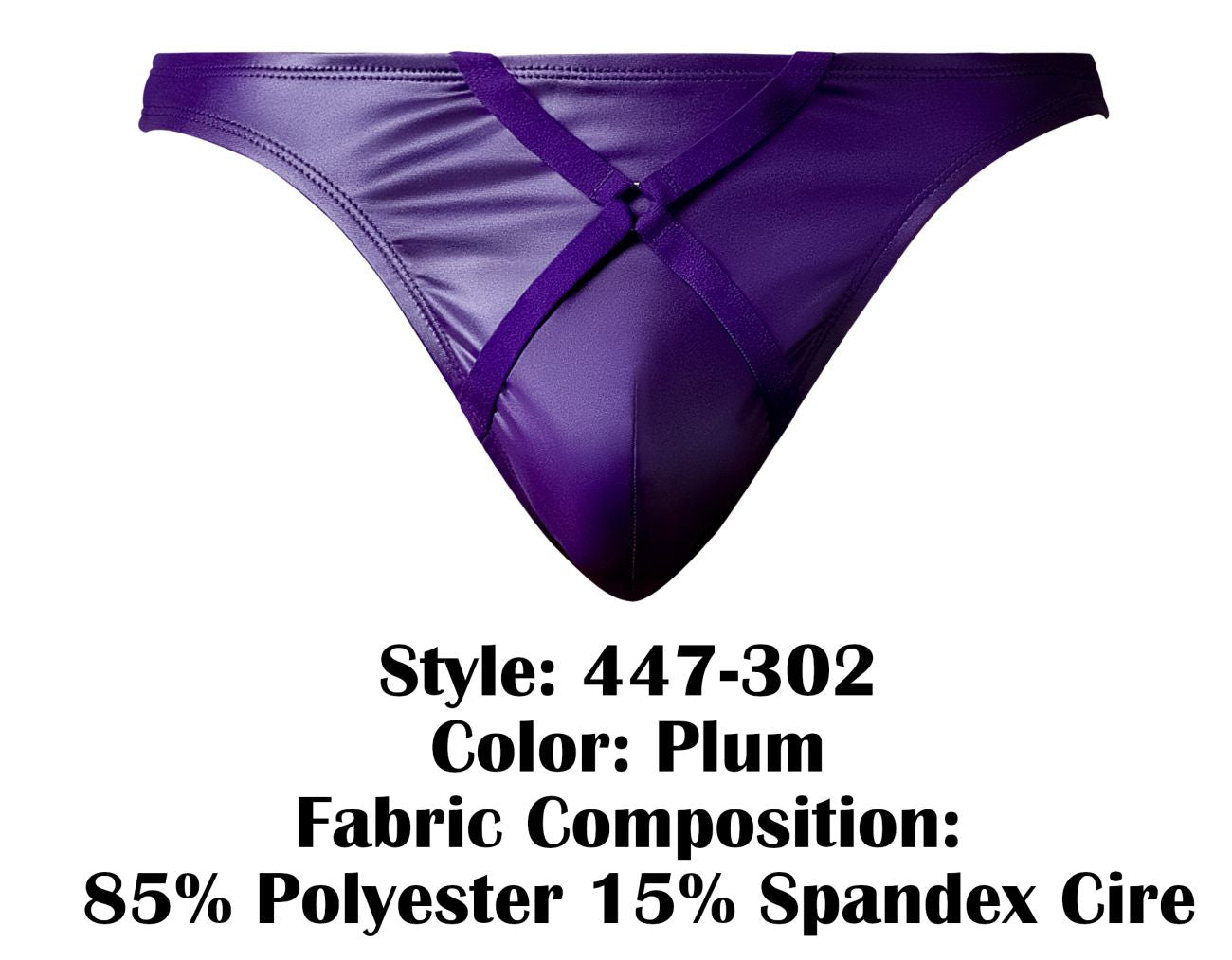 Male power 447-302 eggplant crossover thong in plum satin with crisscross strap design front view briefs