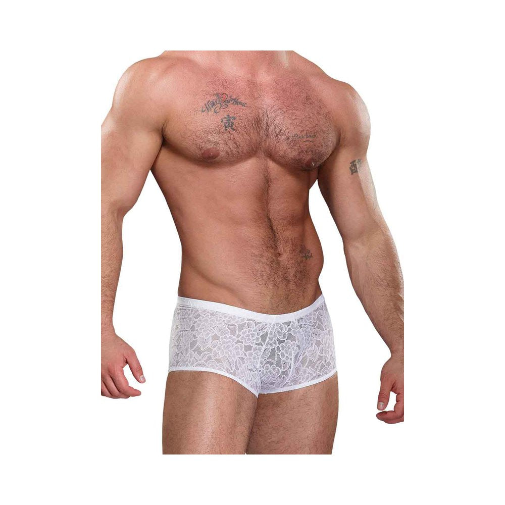 Male Power Stretch Lace Mini Shorts White Medium - DealByEthan.gay loves Male Power