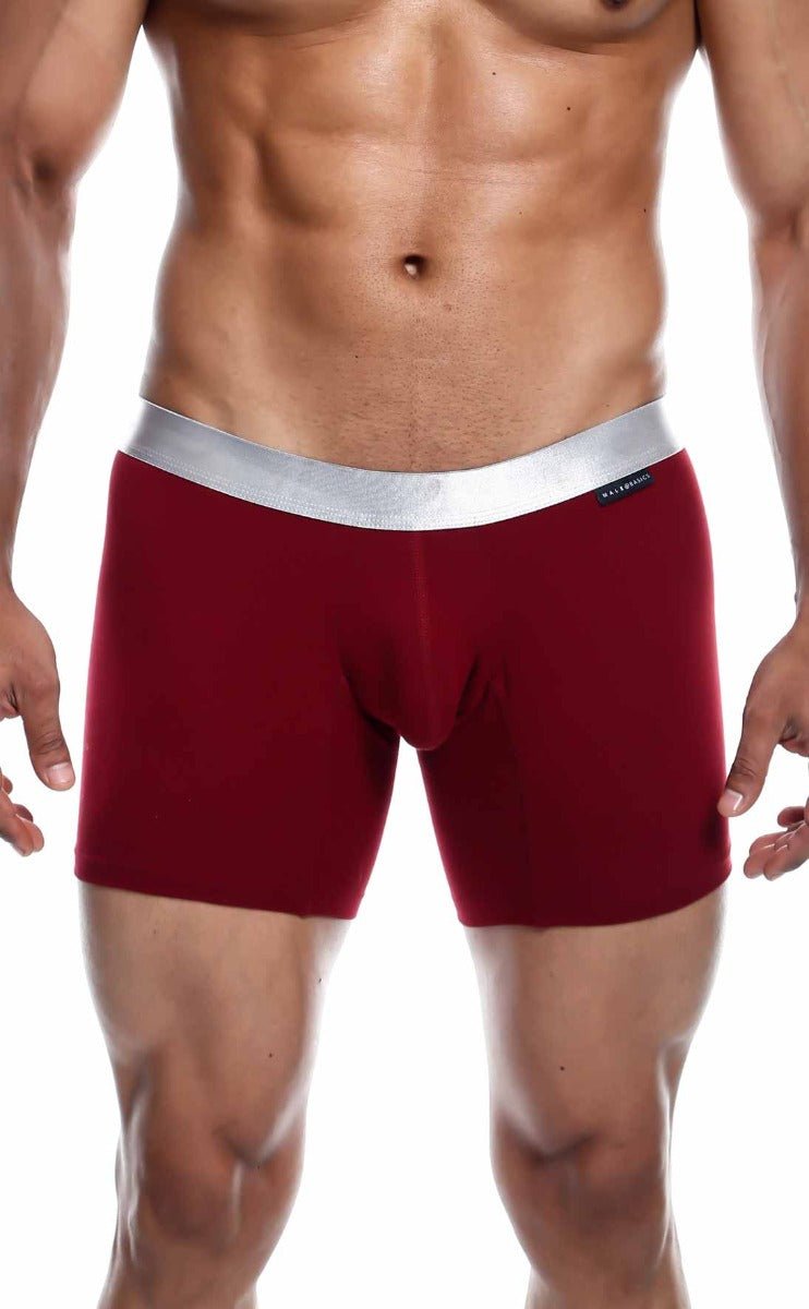 Red male basics boxer briefs made from pima cotton with a silver waistband