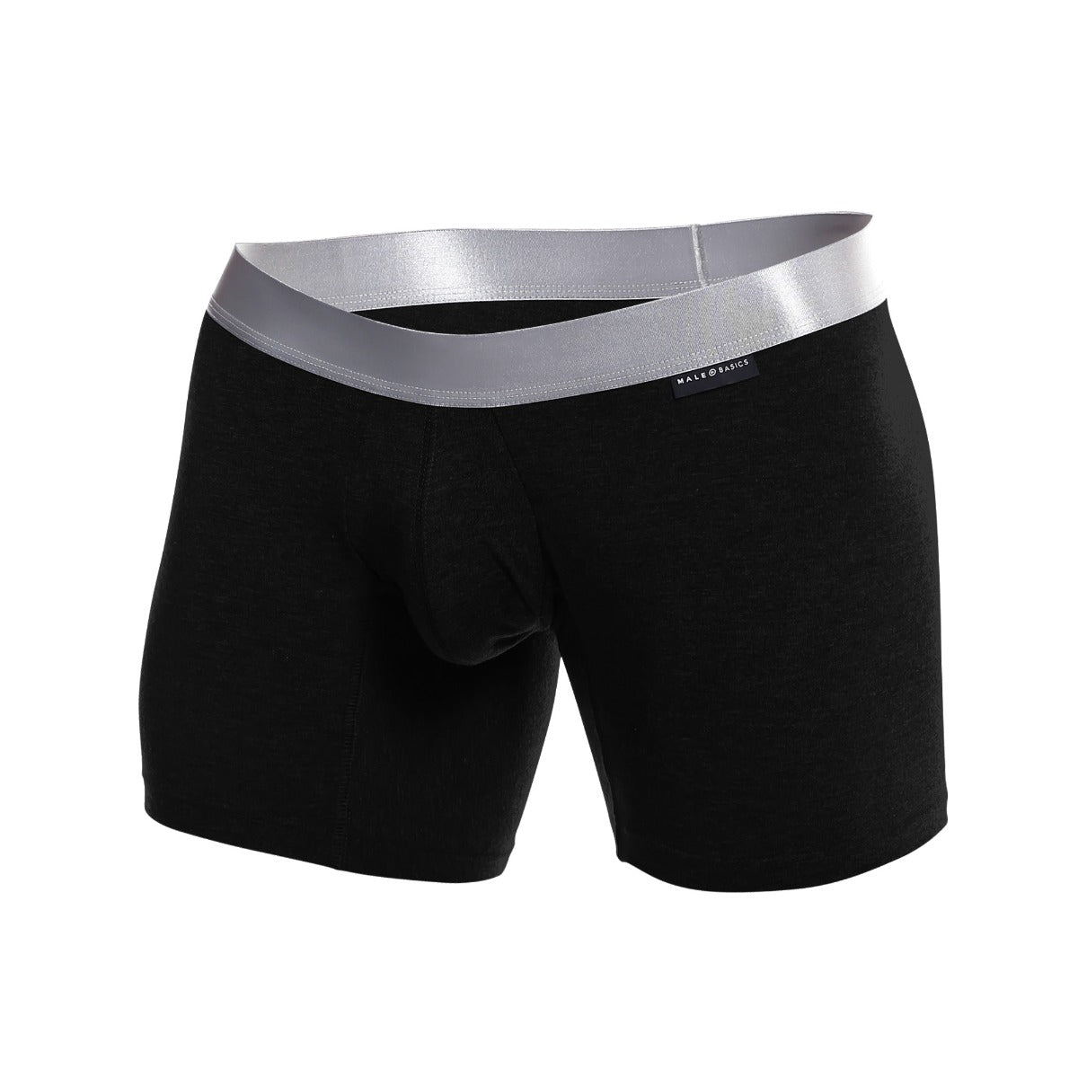 MaleBasics boxer brief pima in black with shiny silver waistband and made basic brand label in front view
