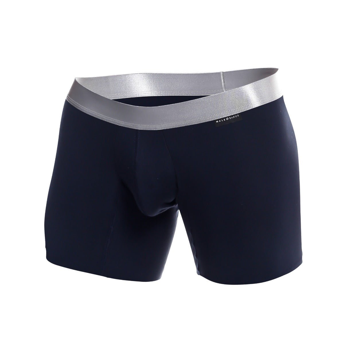 Navy blue men’s boxer briefs with silver elastic waistband featuring mateo basics brand name in pima cotton