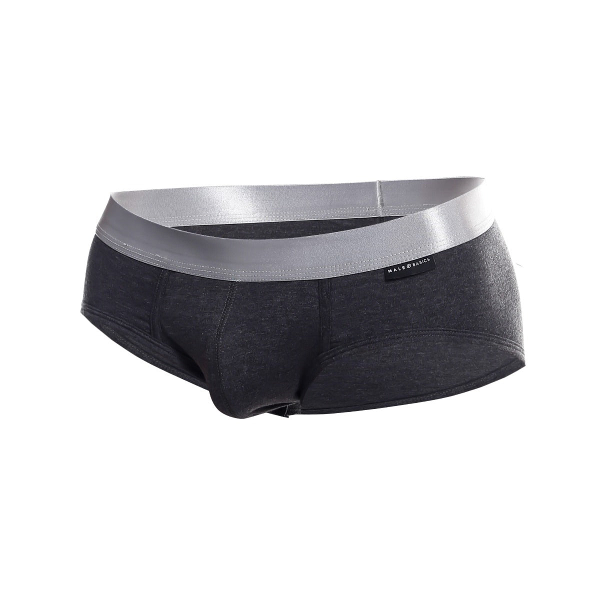 Black men’s briefs with shiny silver waistband made from pima cotton by male and black branded as malebasics brief pima