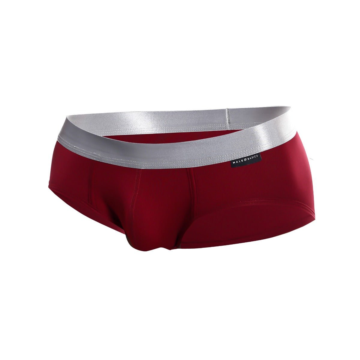 Red men’s briefs with silver waistband made of pima cotton featuring male and black brand label from malebasics brief pima