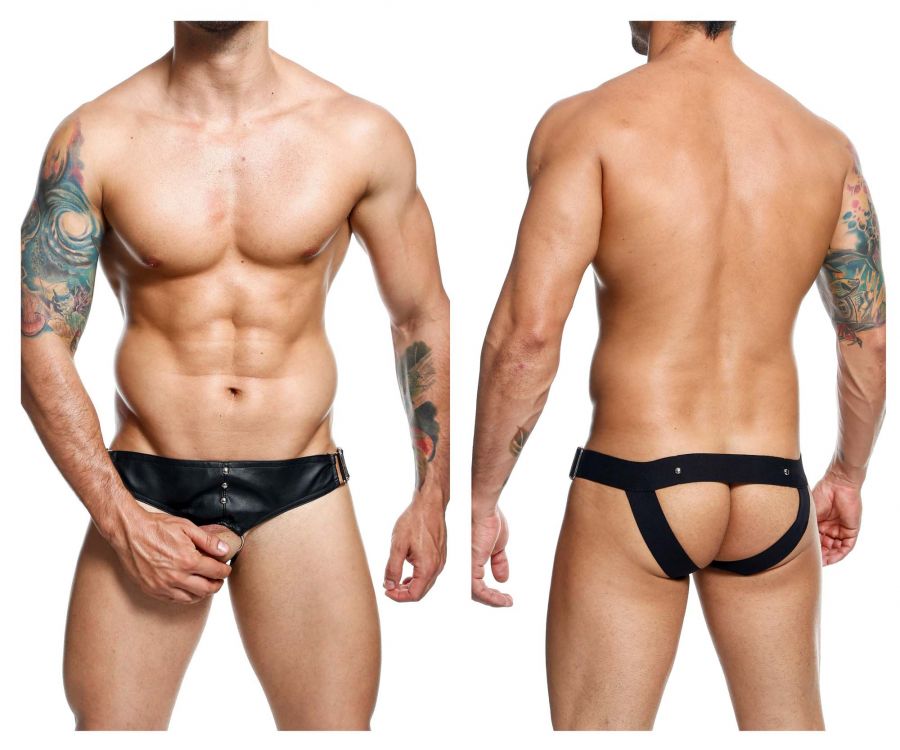 Malebasics dmblo1 dngeon black leather briefs with front closure and side straps for men