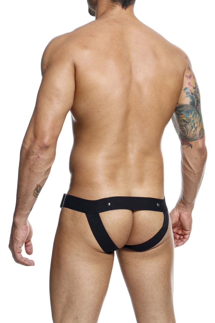 Black malebasics dmbly01 dngeon cockring jockstrap briefs shown from the back with open-back design and adjustable straps