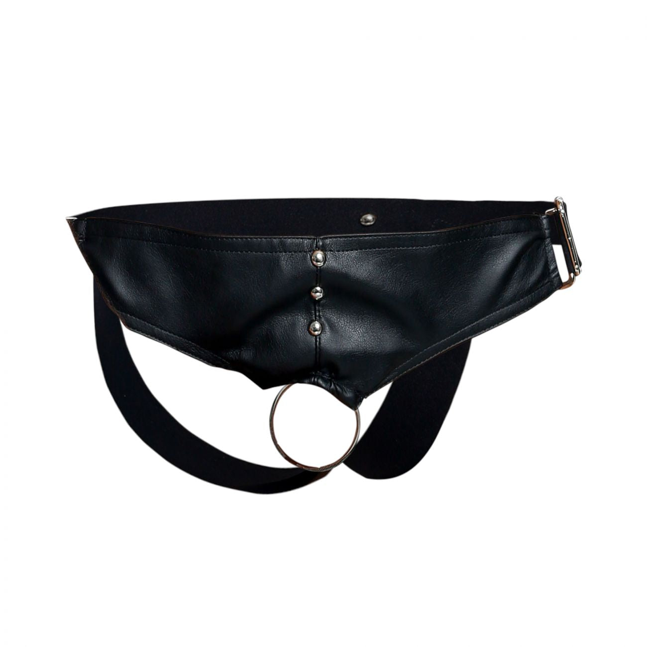 Black leather male basics dmble01 dngeon cockring jockstrap with silver metal ring and buckle front view
