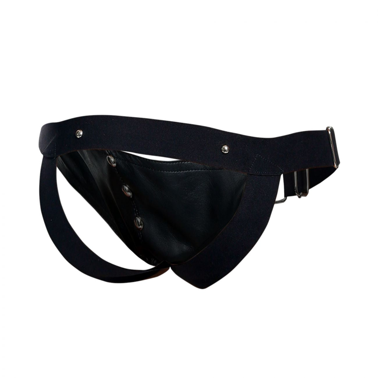 Black leather thong cockring jockstrap with silver metal hardware and adjustable strap by malebasics