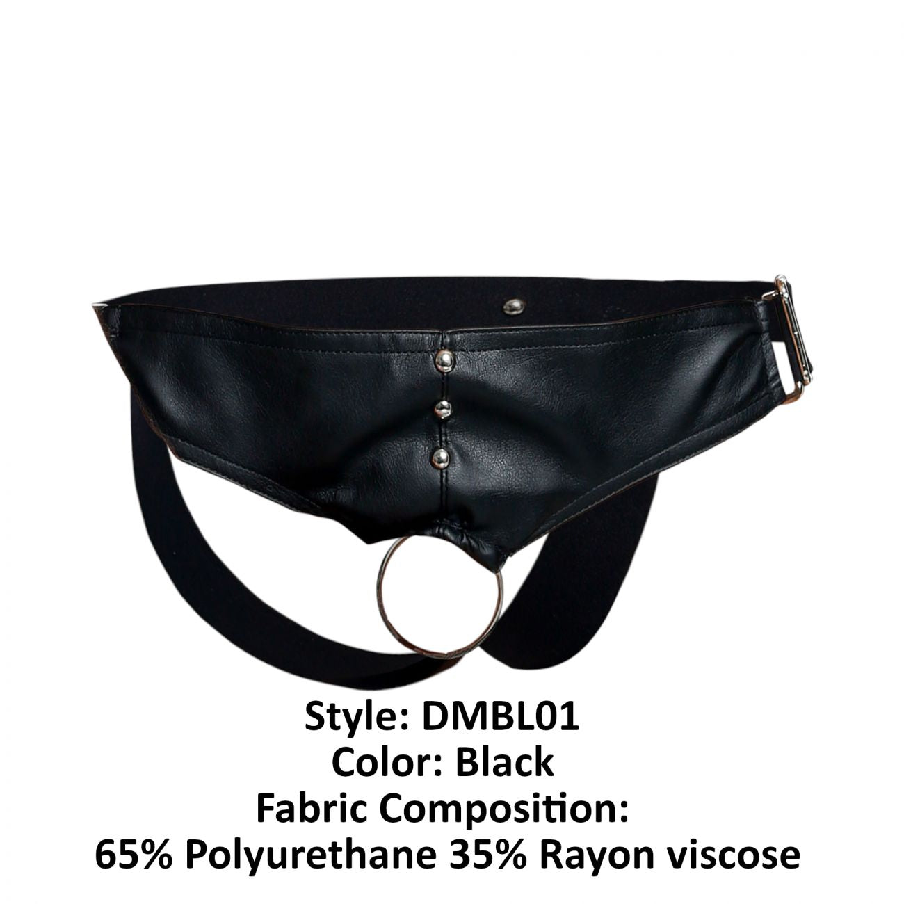 Black leather-like male basics dmblo1 dungeon cockring jockstrap with central ring and silver metal hardware