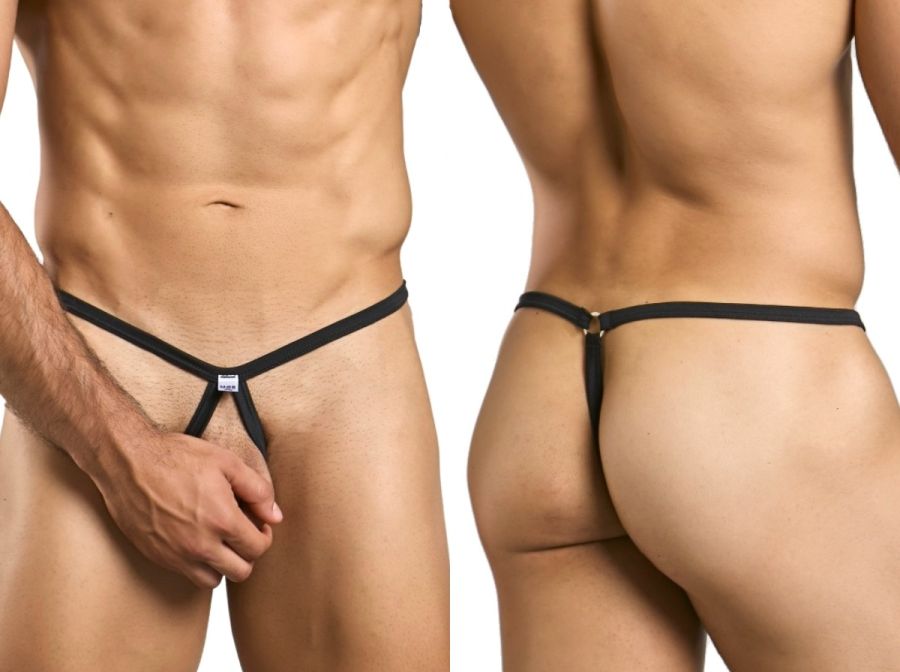 Black malebasics mbl24 tear drop thong with central triangular design and small metallic clasp at the back