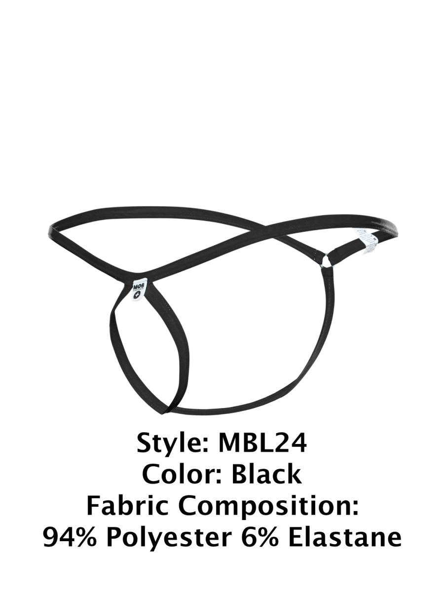 Black malebasics mbl24 tear drop thong with crisscross design and adjustable straps made of polyester and elastane