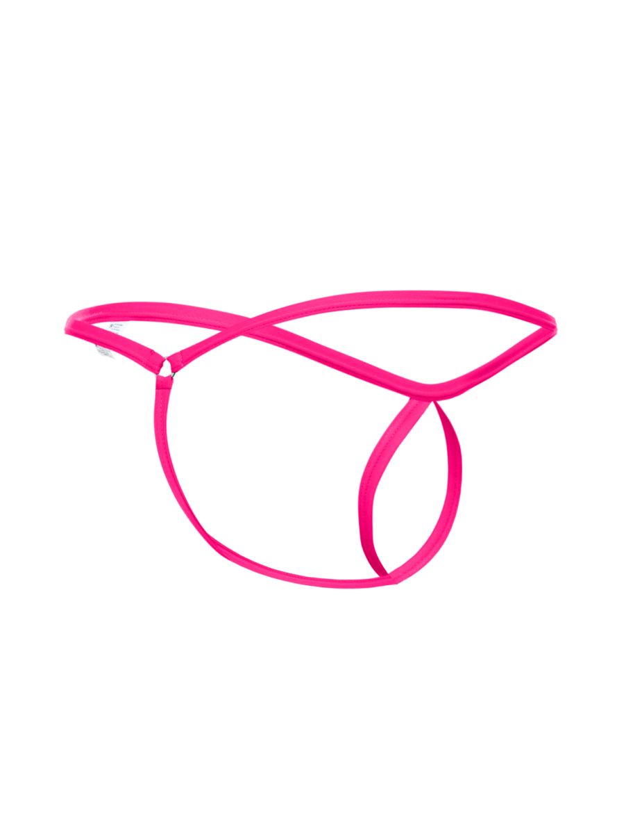 Bright pink MaleBasics MBL24 Tear Drop thong with thin straps and a distinctive front crisscross design