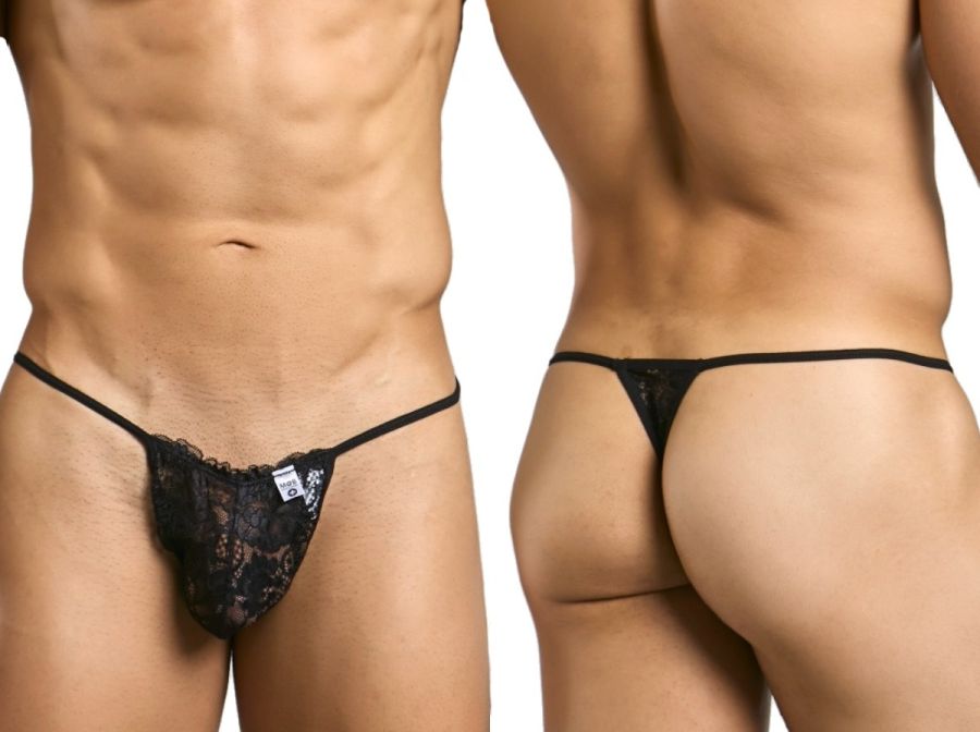 Malebasics mbl27 black lace thong with thin elastic straps and small white tag at the front