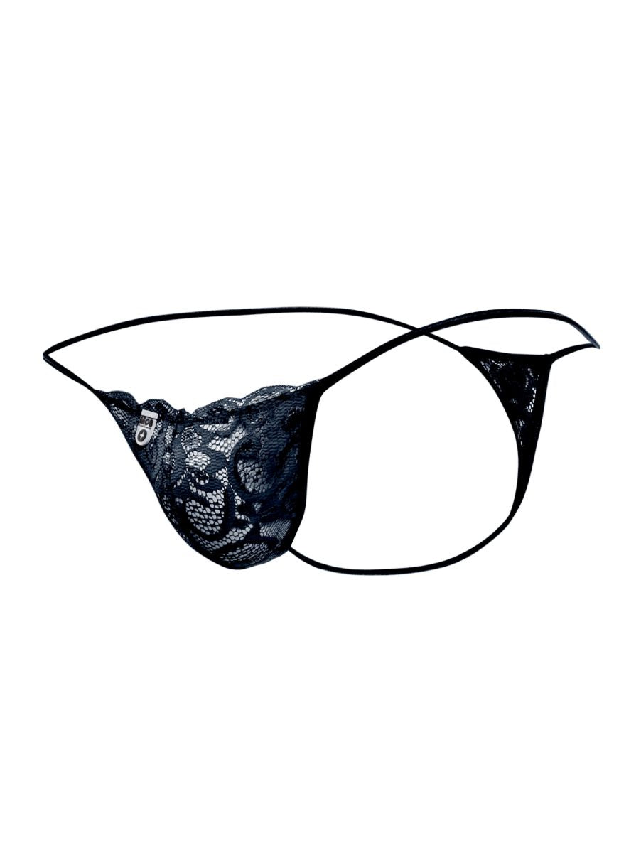 Malebasics mbl27 black lace thong with delicate floral patterns and thin elastic straps for men