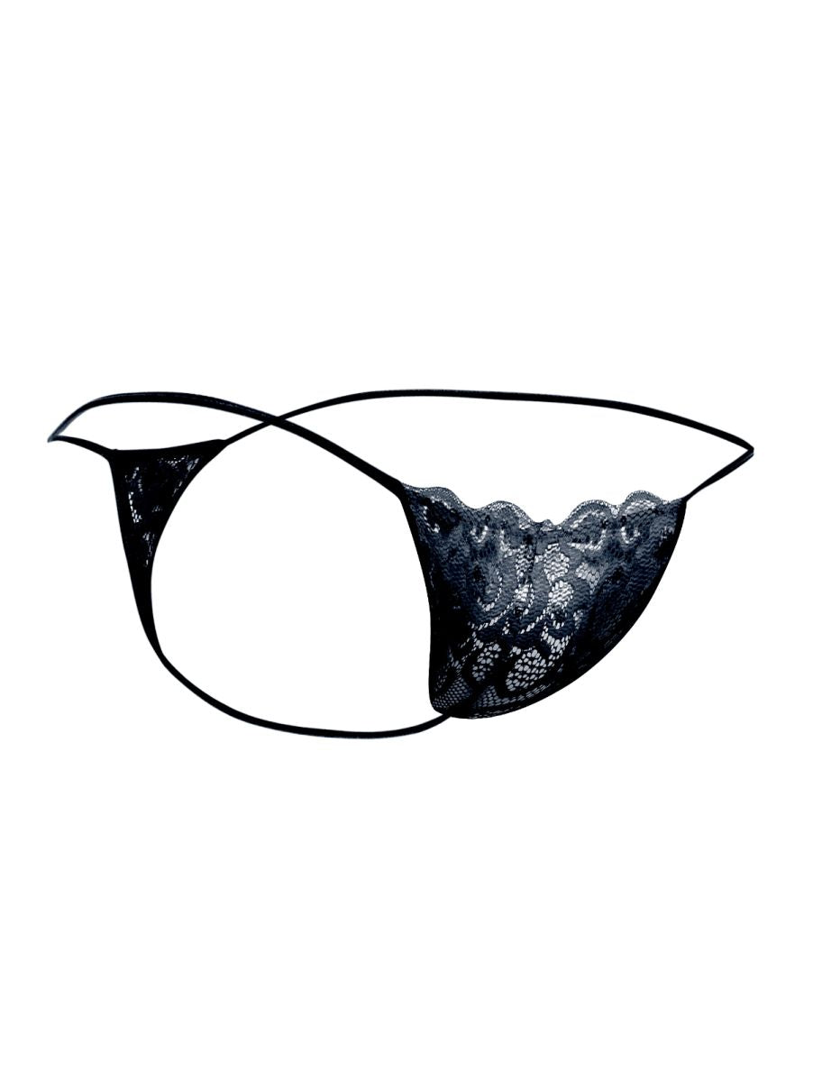Black malebasics mbl27 lace thong with delicate floral patterns and thin adjustable elastic straps
