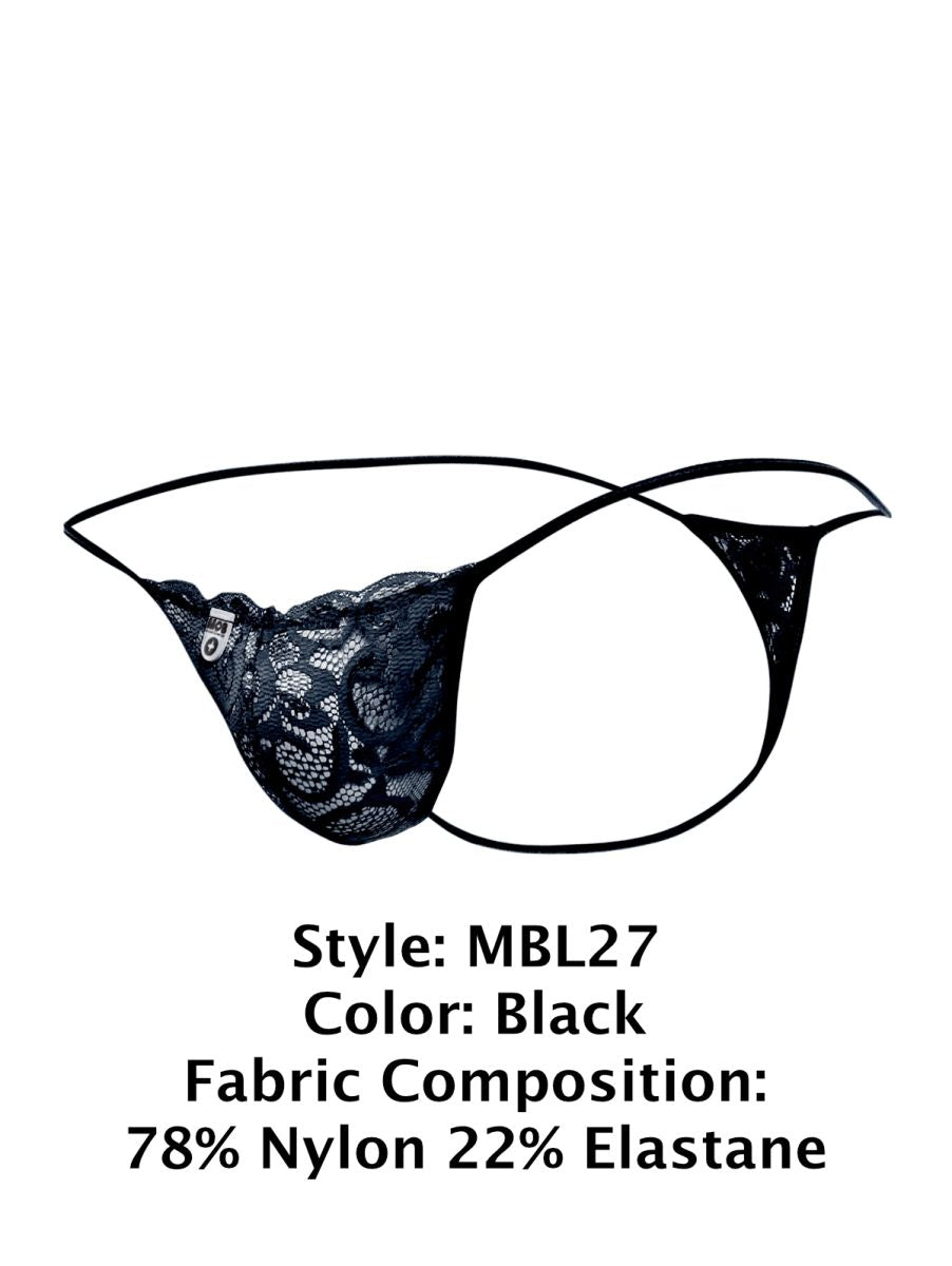 Black lace thong malebasics mbl27 with thin elastic straps and delicate floral pattern in black color front view