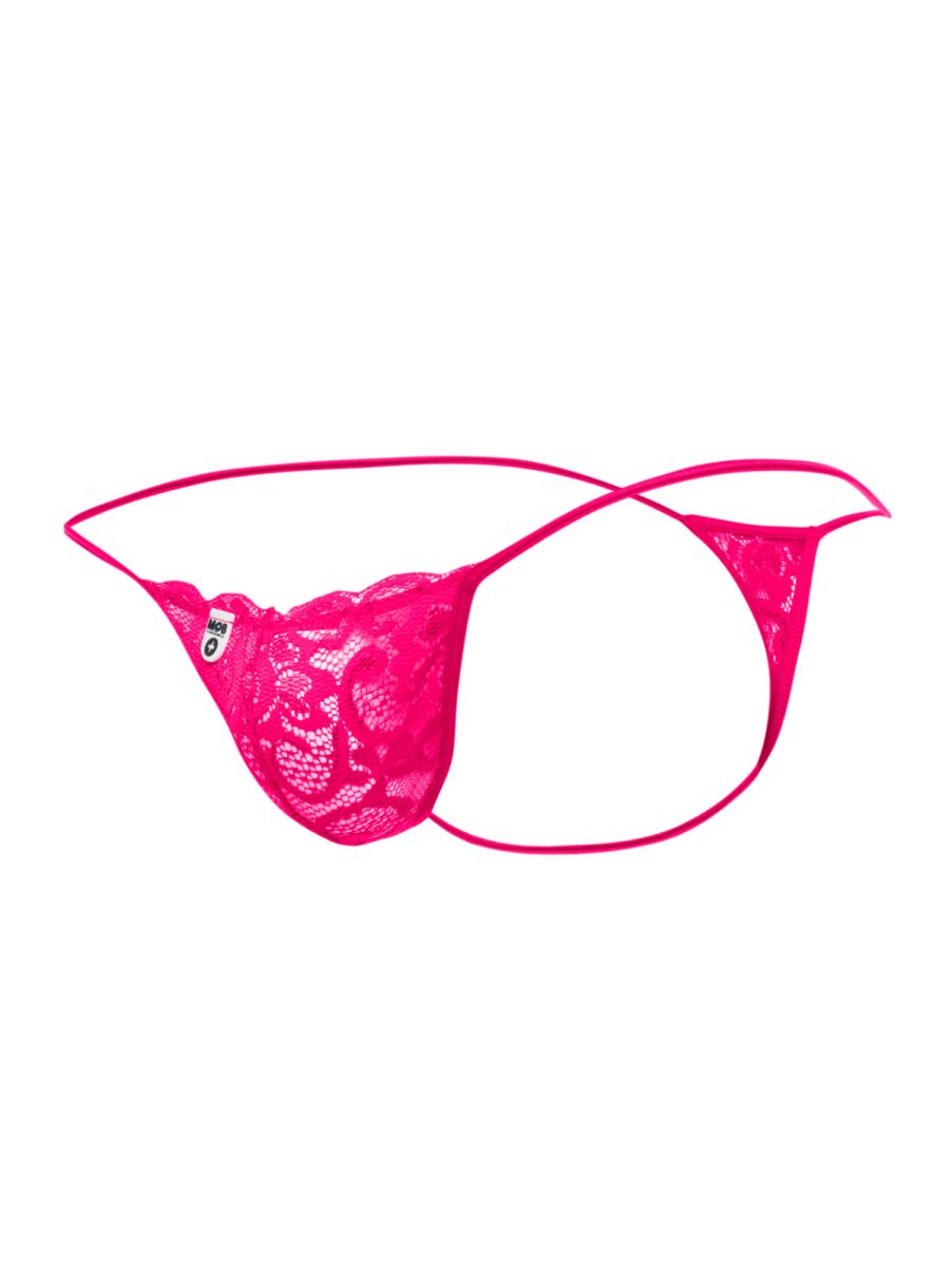 Malebasics mbl27 bright pink lace thong with delicate floral pattern and thin matching elastic straps front view