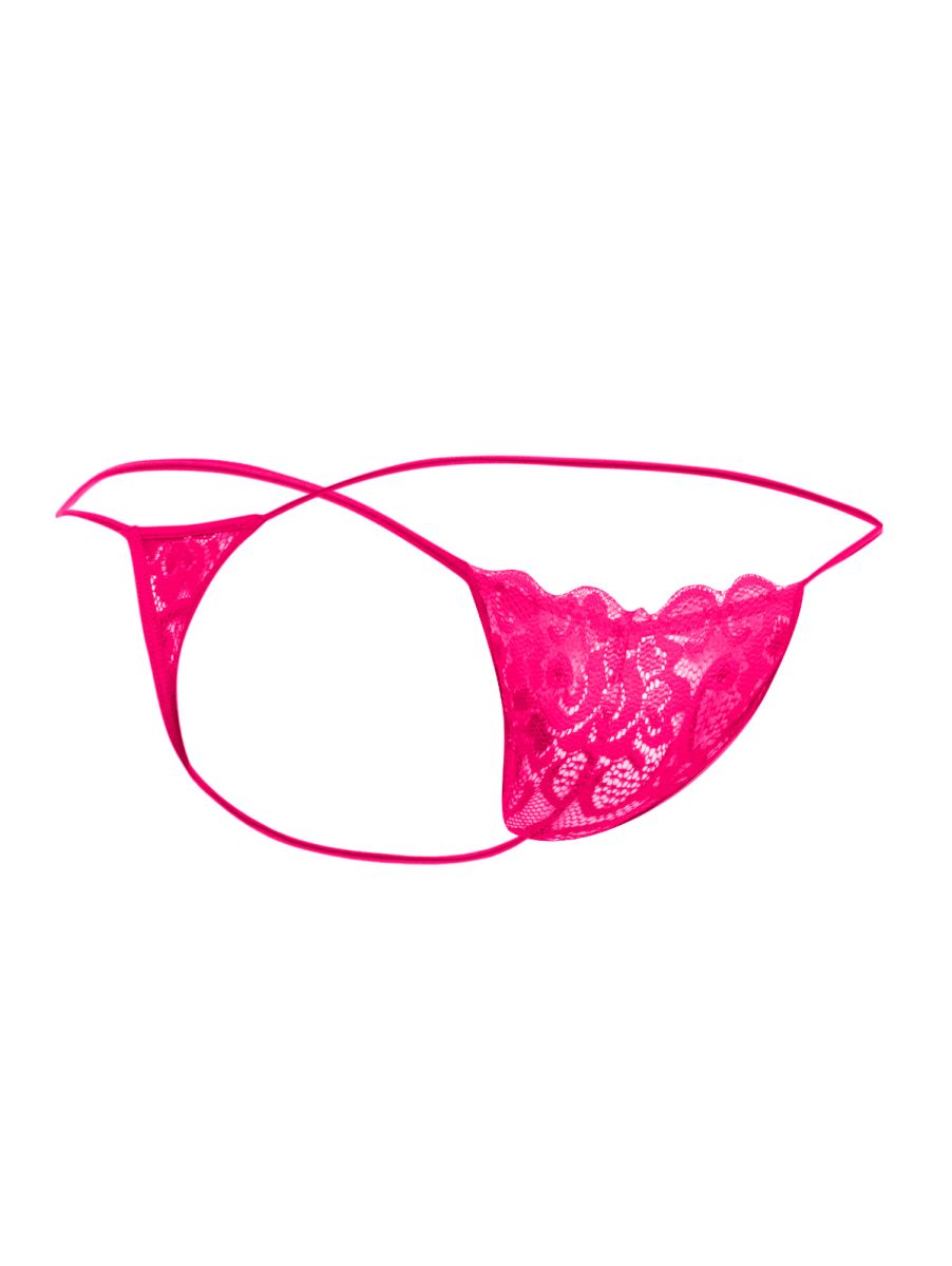 Malebasics mbl27 fuchsia lace thong with scalloped edge and thin elastic straps shown from back side