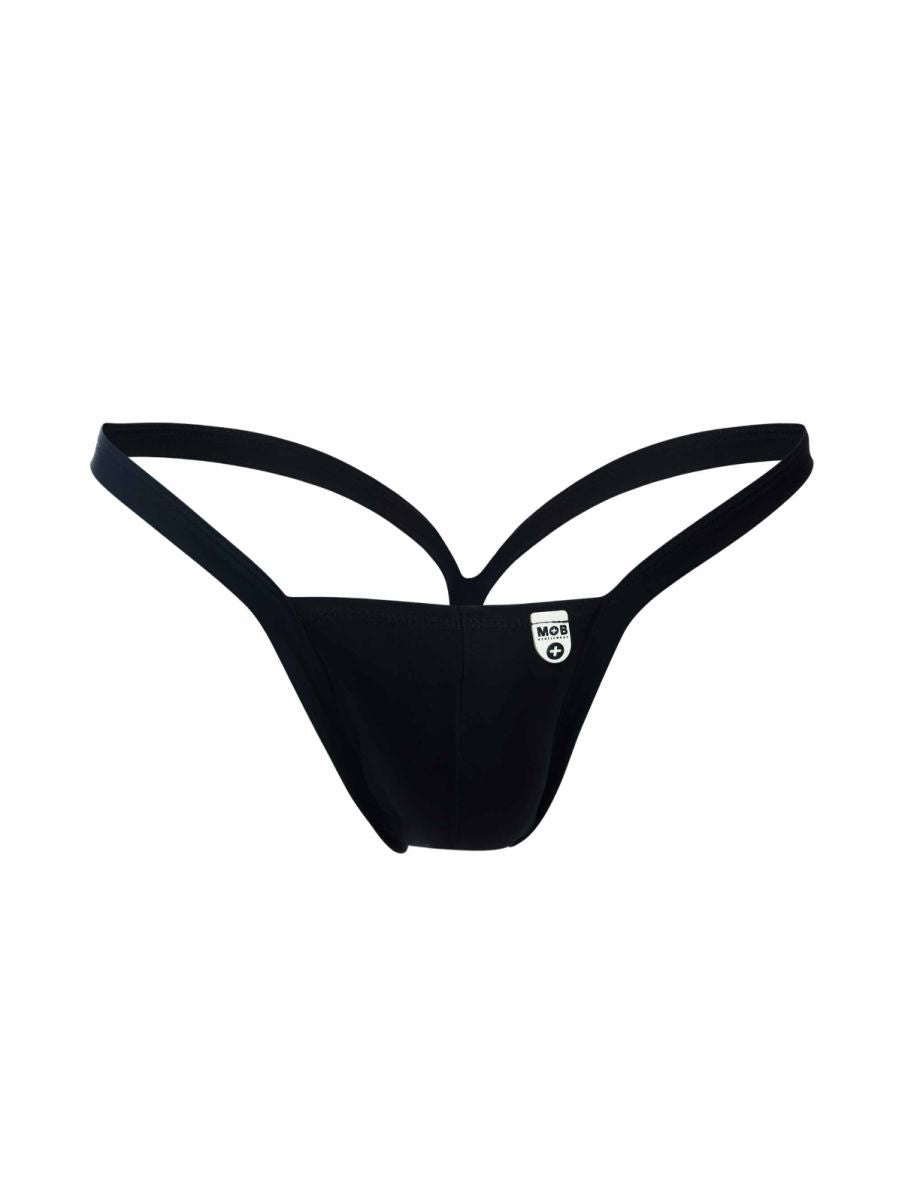 Black malebasics mbl52 y buns thong featuring a sleek minimalist design with thin straps shown from the back side