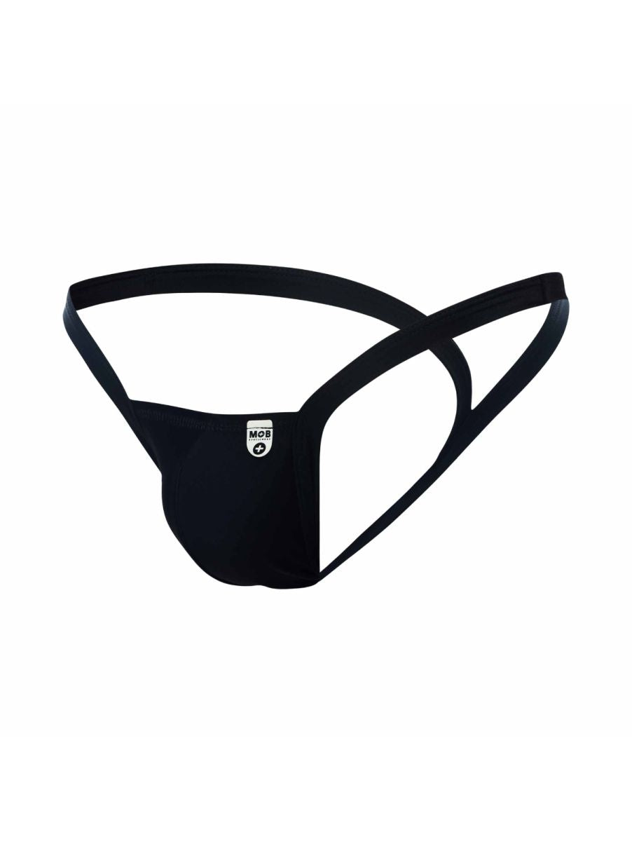 Malebasics mbl52 y buns thong in black with sleek minimalist design and smooth elastic material shown from the back