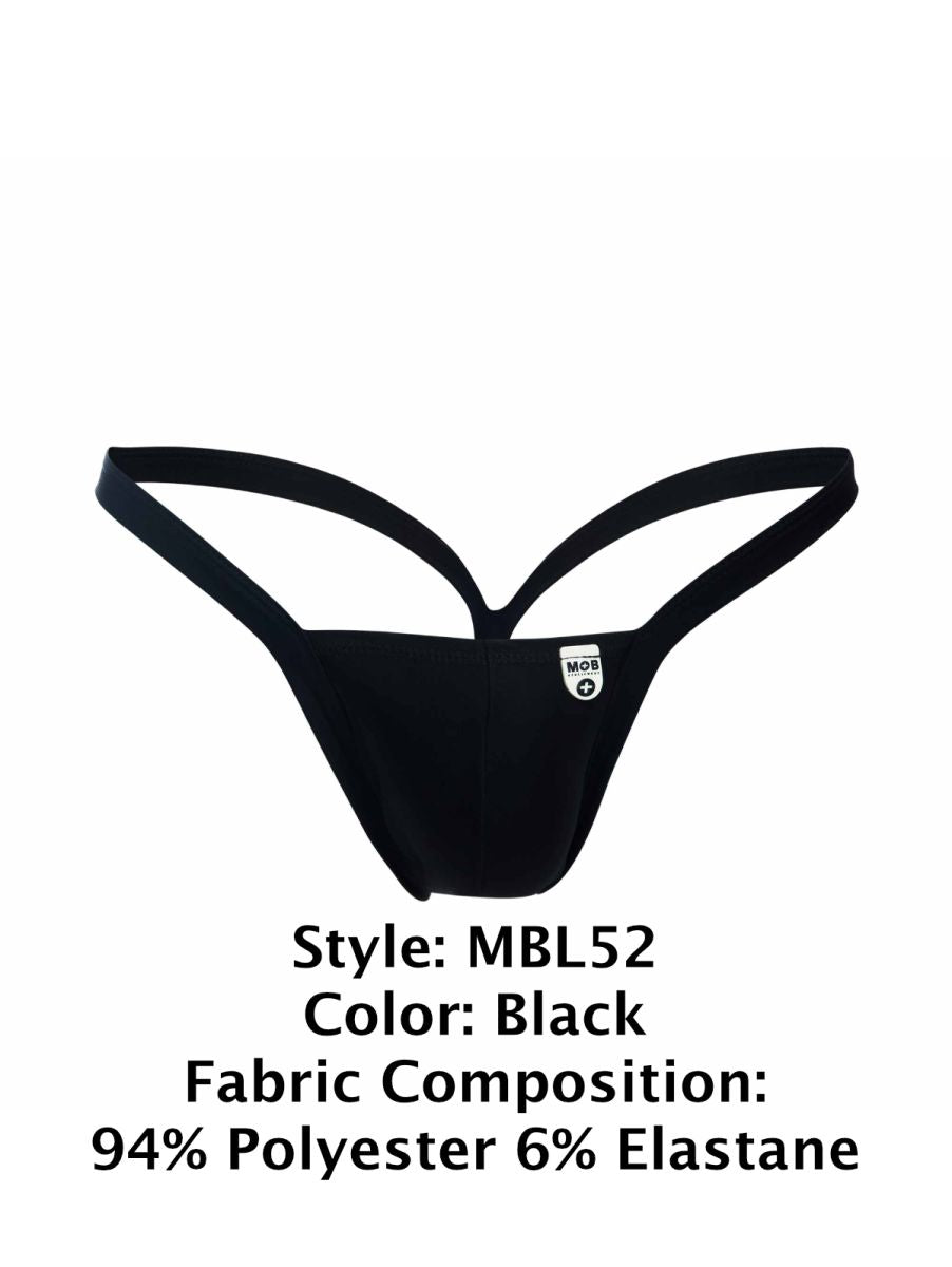 Black malebasics mbl52 y buns thong made of 94 polyester and 6 elastane showing the back side of the product