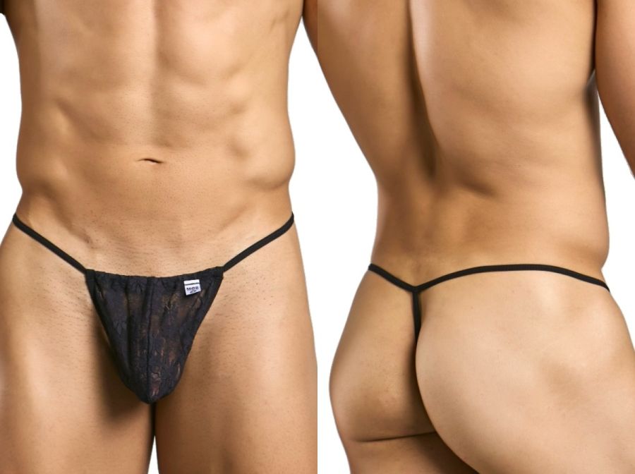 Malebasics mbl59 black lace male thong with thin waistband and small brand tag visible on front side