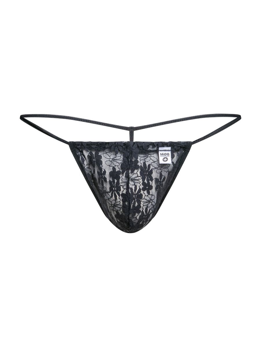 MaleBasics MBL59 black lace g-string thong with floral pattern and thin elastic straps for men