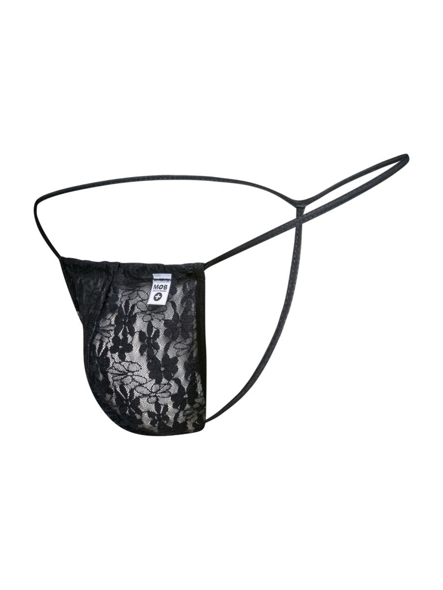 Malebasics mbl59 black lace male thong with delicate floral pattern and thin elastic straps