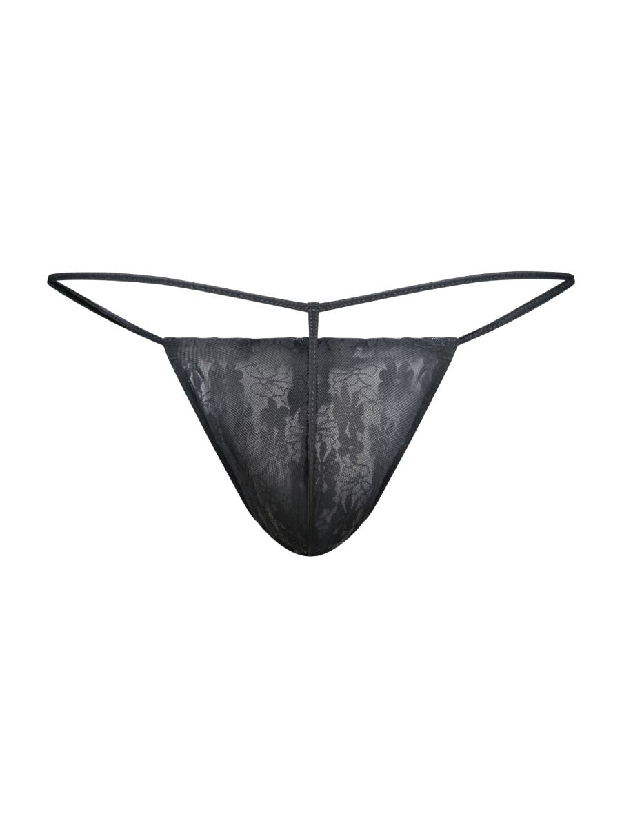 Black lace male basics mbl59 lace g-string thong with delicate floral pattern and thin adjustable straps front view
