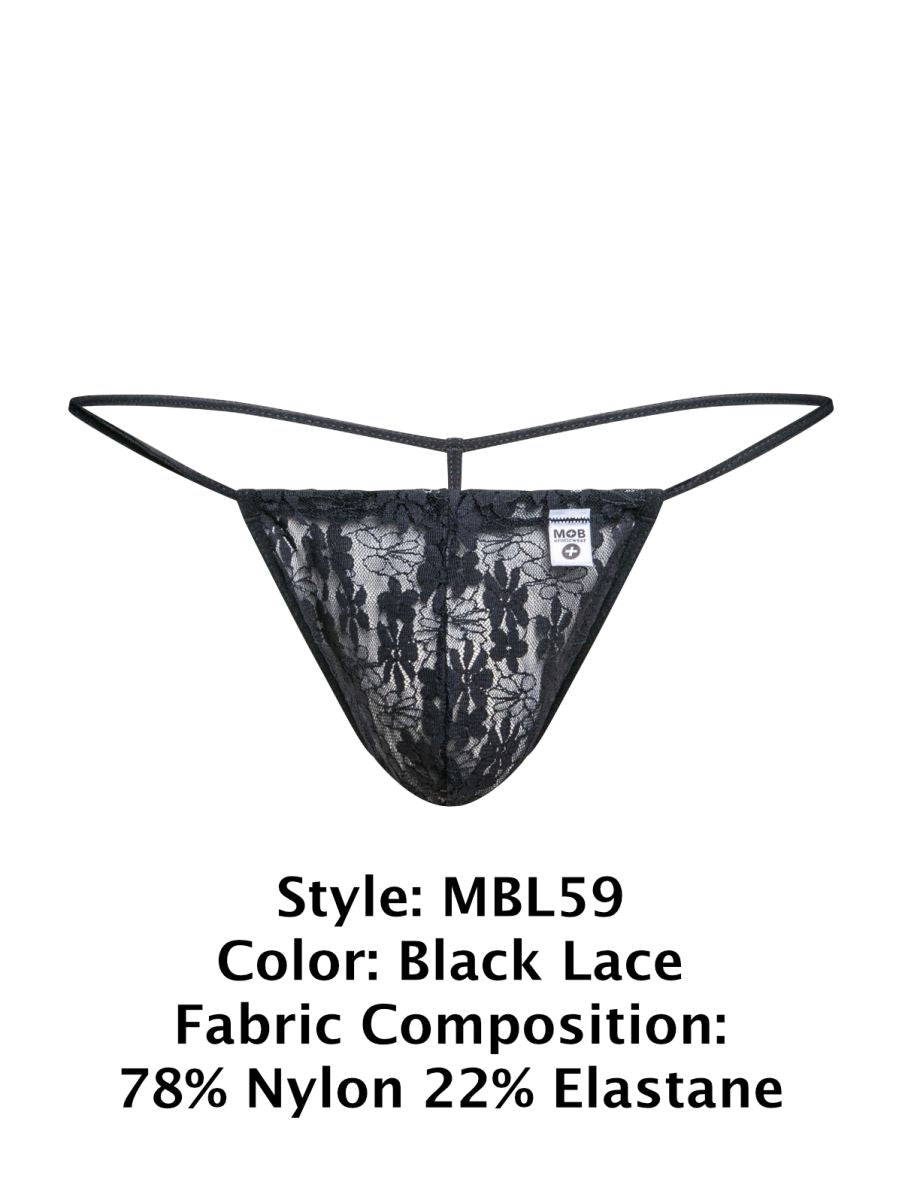 Black lace thong malebasics mbl59 with delicate floral lace patterns and thin elastic straps in black lace color