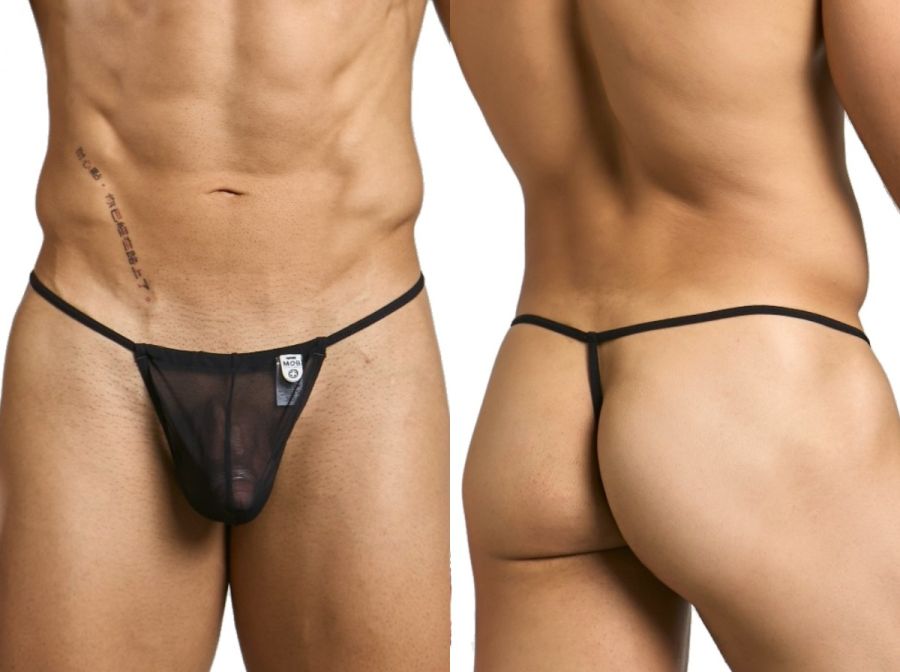 Malebasics mbl59 black mesh g-string thong with sheer mesh fabric thin elastic waistband and small front logo patch