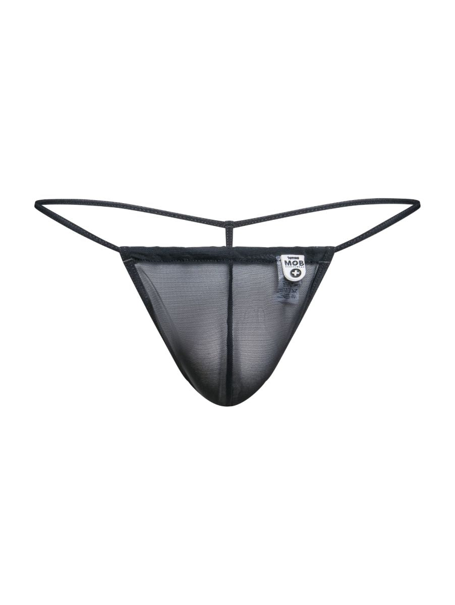 Malebasics mbl59 black mesh g-string thong with thin elastic straps and small white brand tag visible