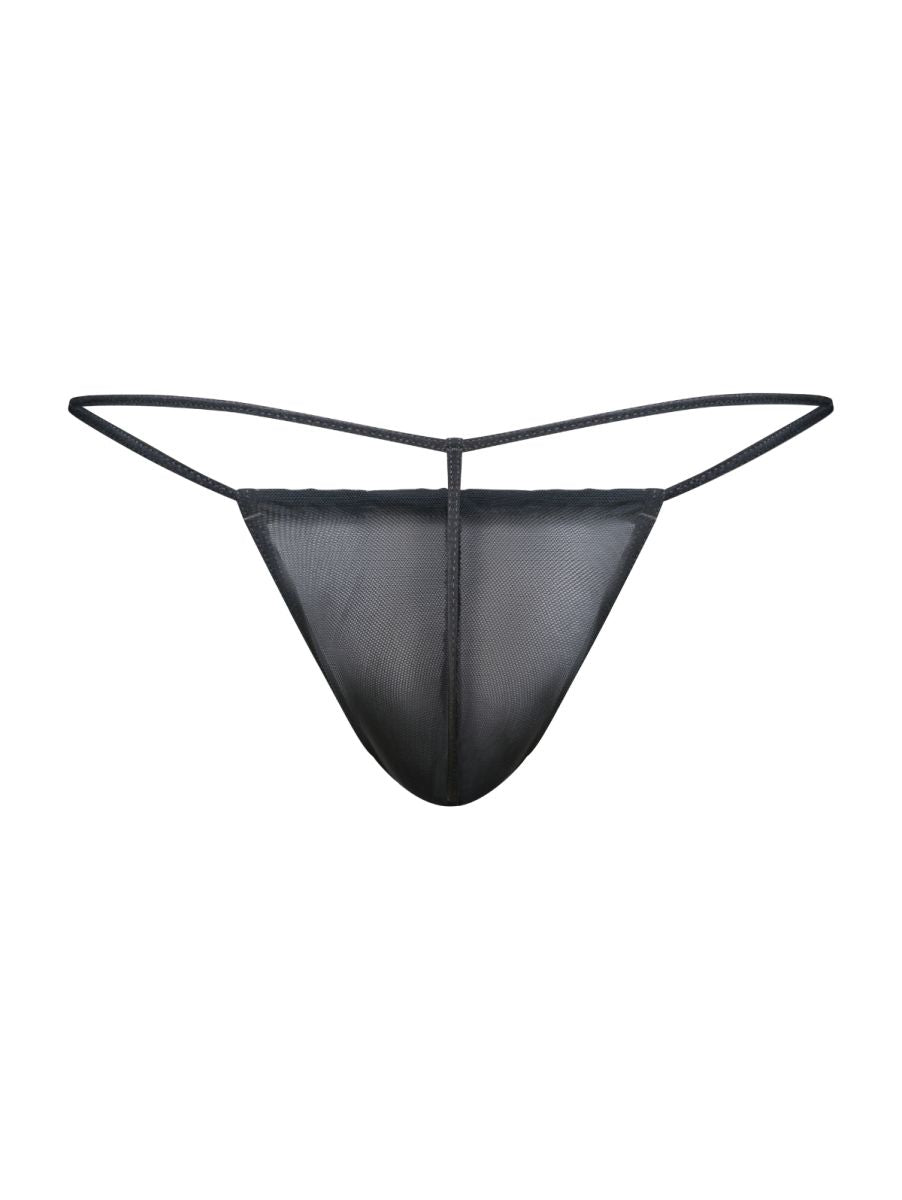 Malebasics mbl59 black mesh g-string thong with thin adjustable elastic straps shown from the back side