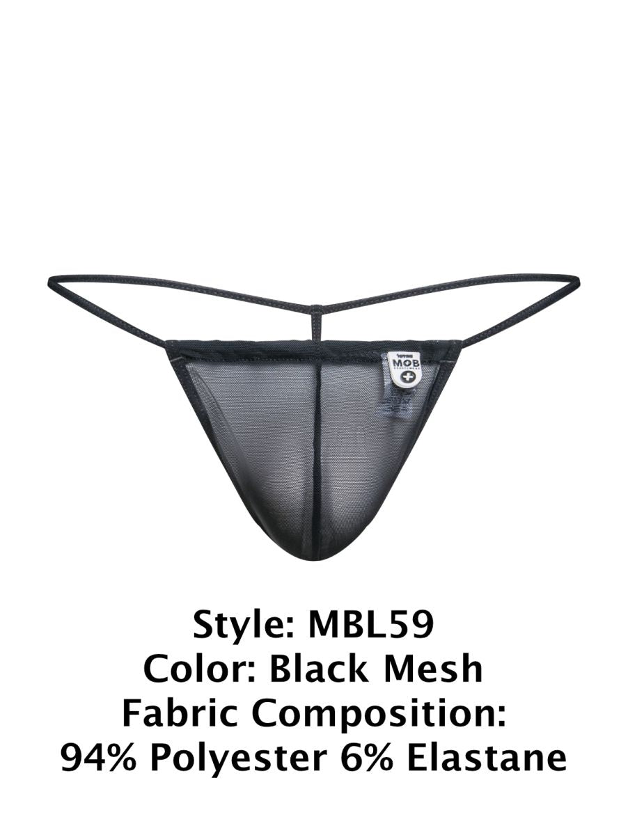 Malebasics mbl59 black mesh g-string thong with thin elastic straps and a small white brand tag visible