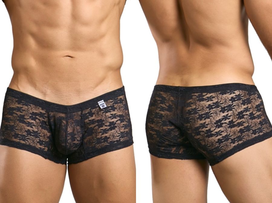 Black floral lace men’s briefs with a solid black waistband from malebasics mbl78 lace trunks collection