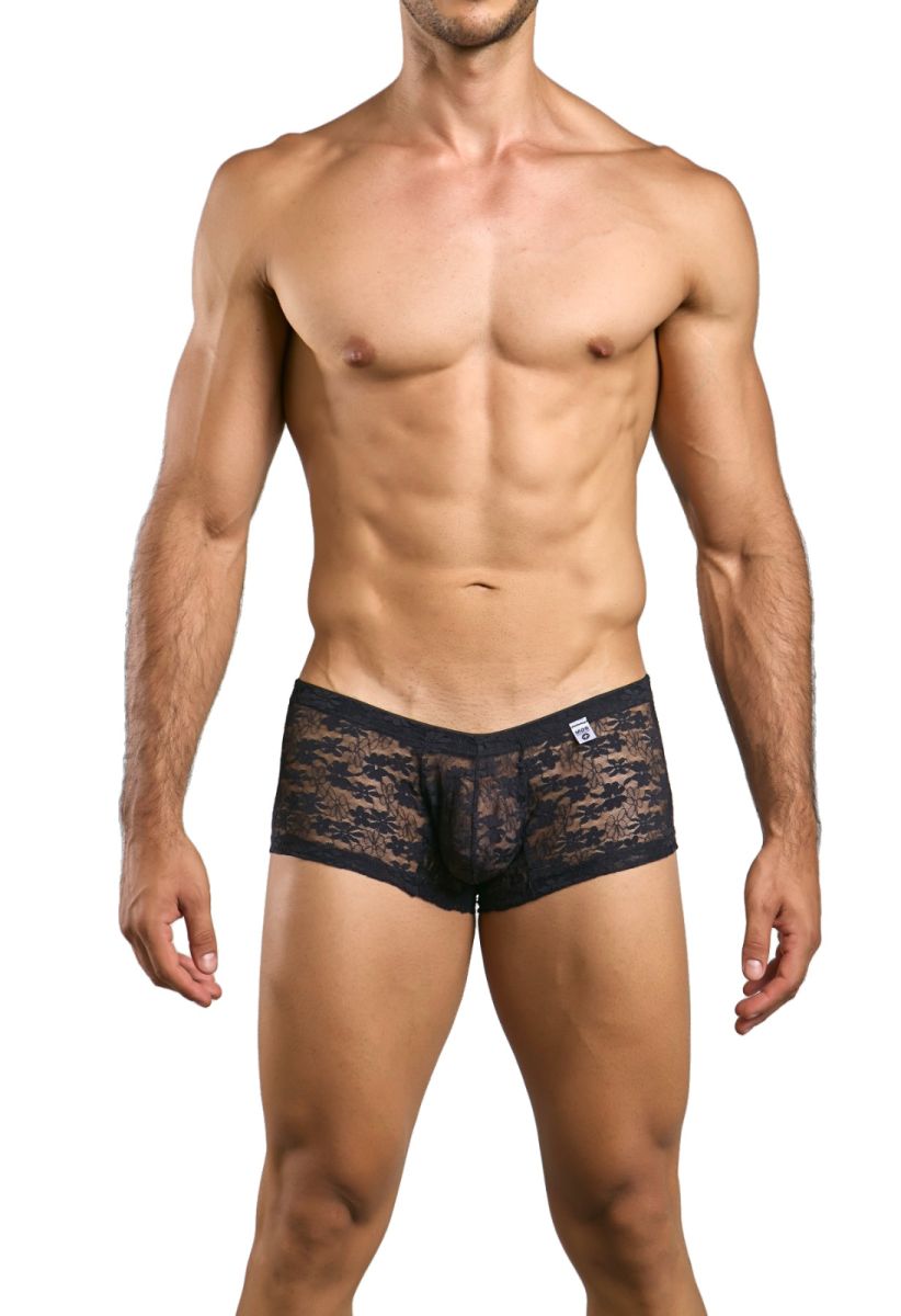 Malebasics mbl78 lace trunks black lace boxer briefs with subtle pattern and white brand tag on waistband