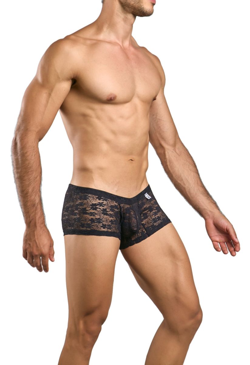 Malebasics mbl78 lace trunks black lace boxer briefs with subtle pattern and small logo on waistband front view