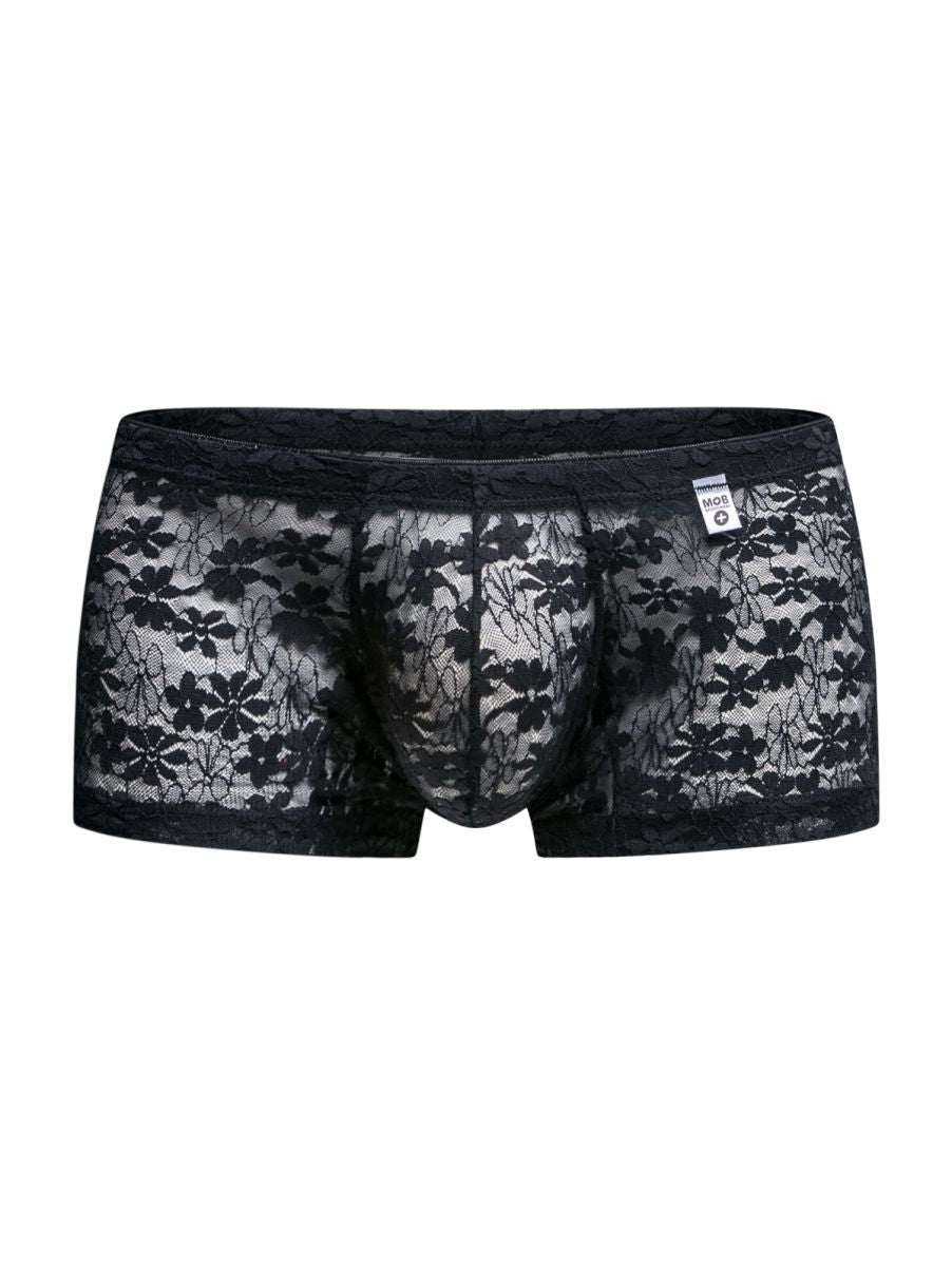 Malebasics mbl78 black lace trunks featuring sheer floral lace with an intricate pattern and solid waistband