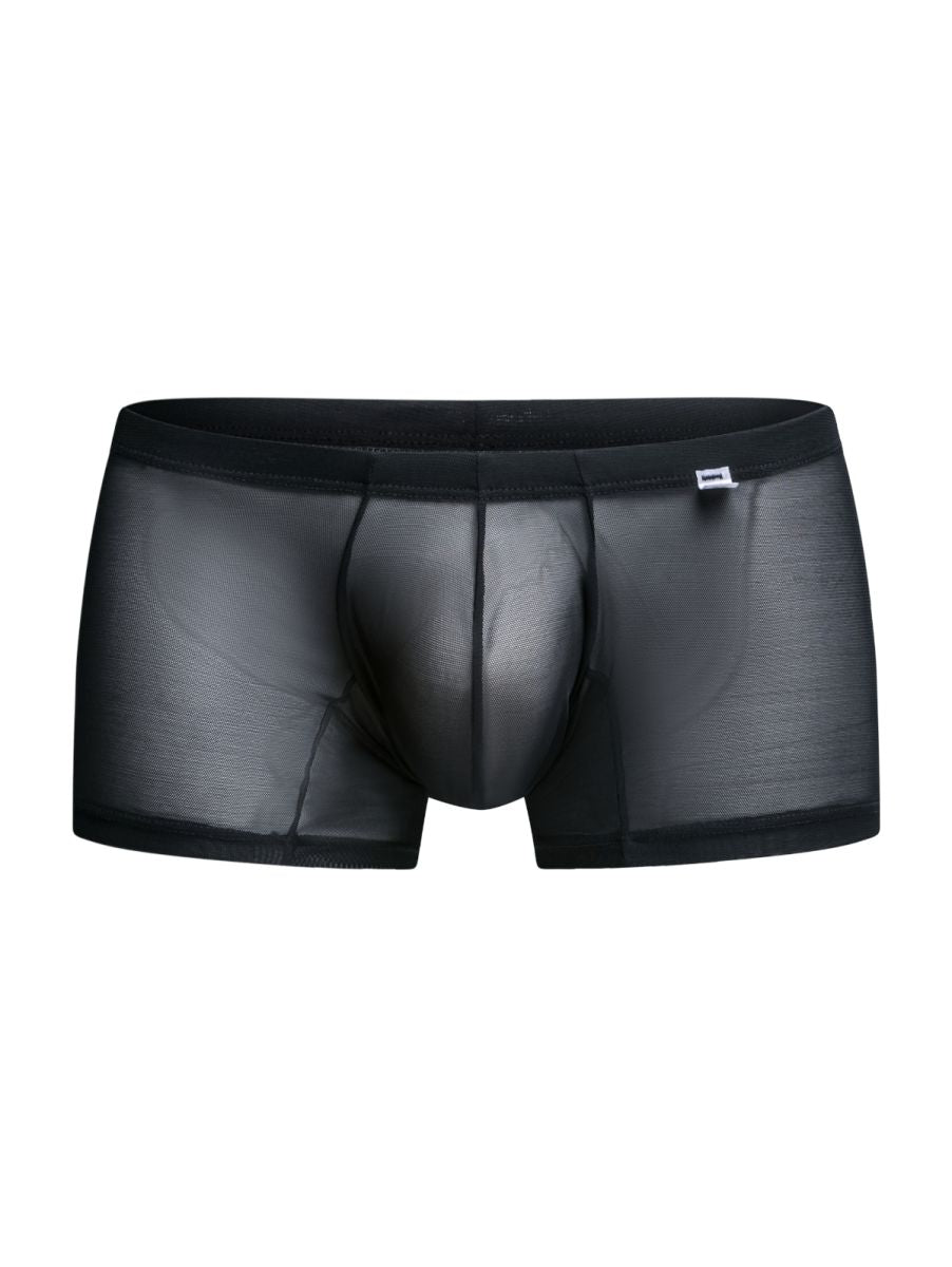 Malebasics mbl78 lace trunks black sheer mesh briefs with solid waistband and reinforced seams front view