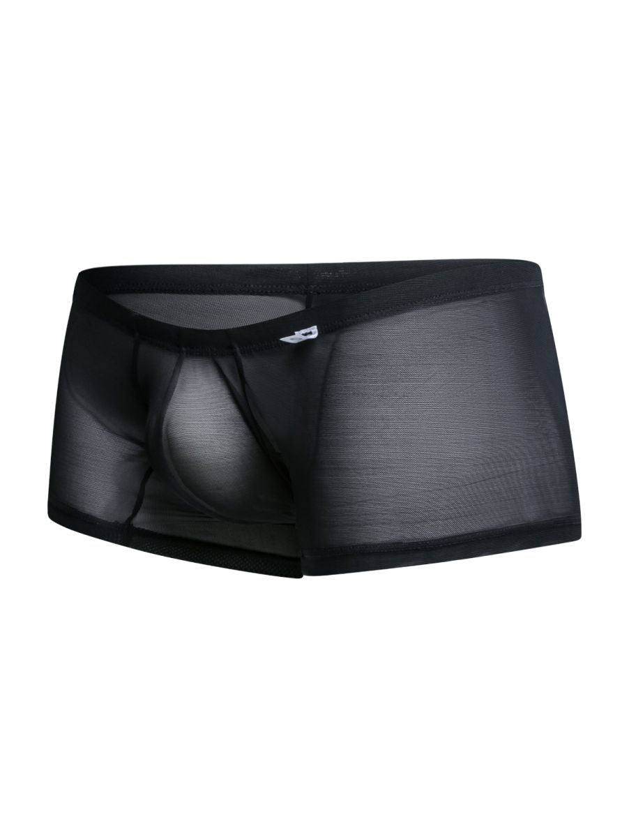 Black sheer mesh malebasics mbl78 lace trunks with solid waistband and subtle side branding in black mesh