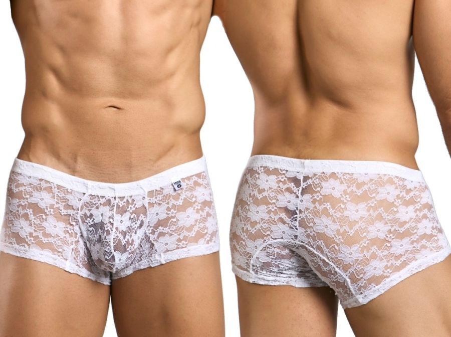 Malebasics mbl78 white lace men’s trunks featuring floral pattern and elastic waistband in front view