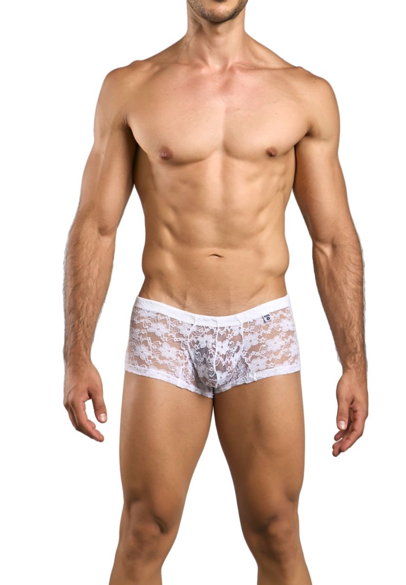 Malebasics mbl78 white lace trunks featuring delicate floral pattern and snug form-fitting lace briefs design