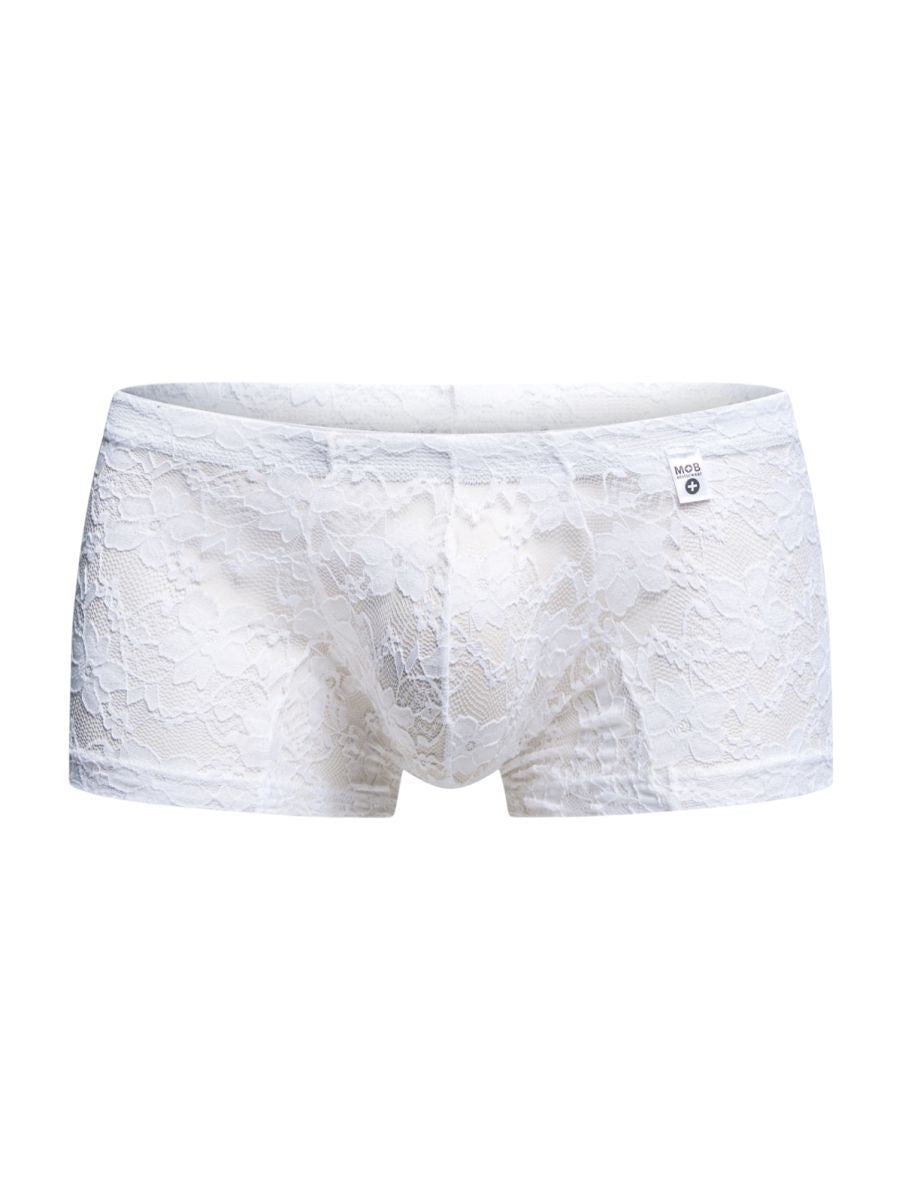Malebasics mbl78 lace trunks in white lace featuring delicate floral pattern and small brand tag on waistband
