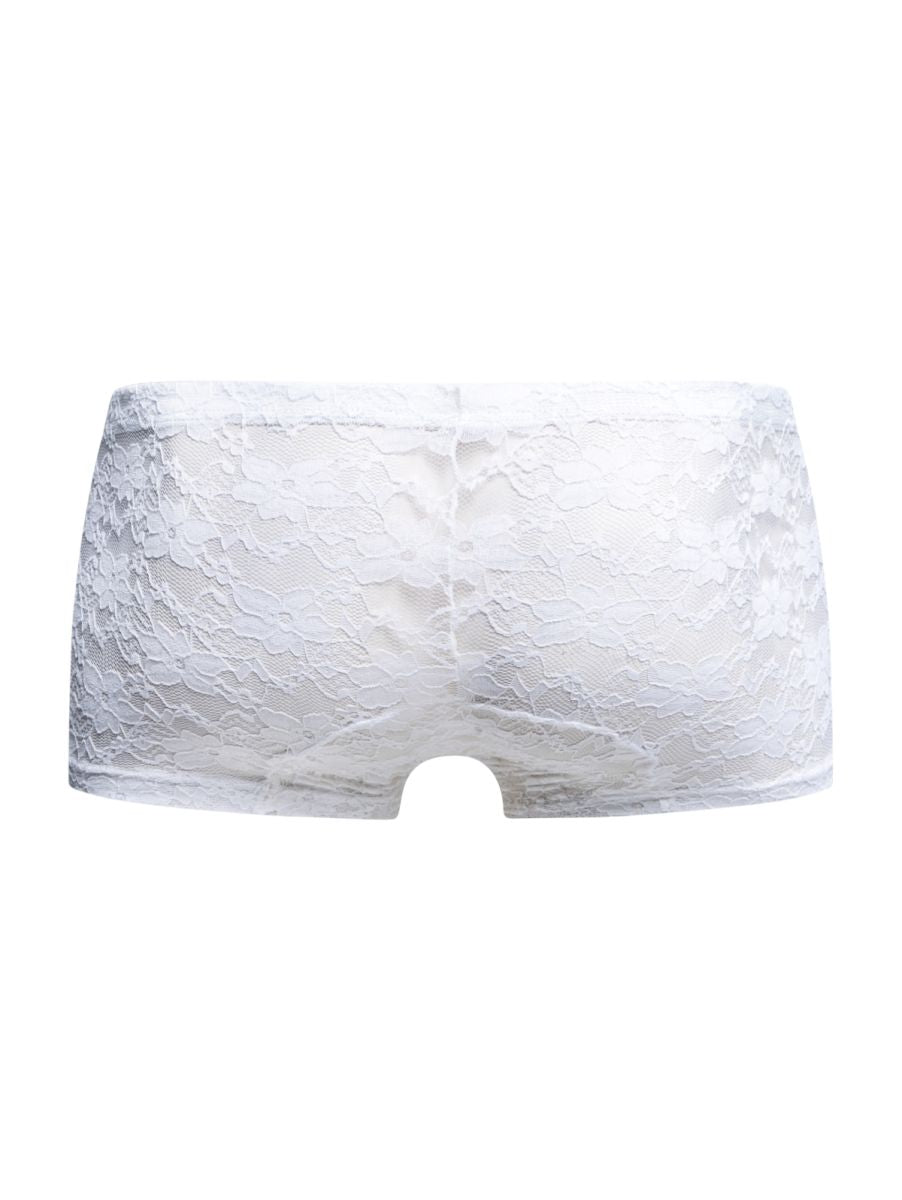Malebasics mbl78 lace trunks in white lace featuring a delicate floral pattern and seamless design